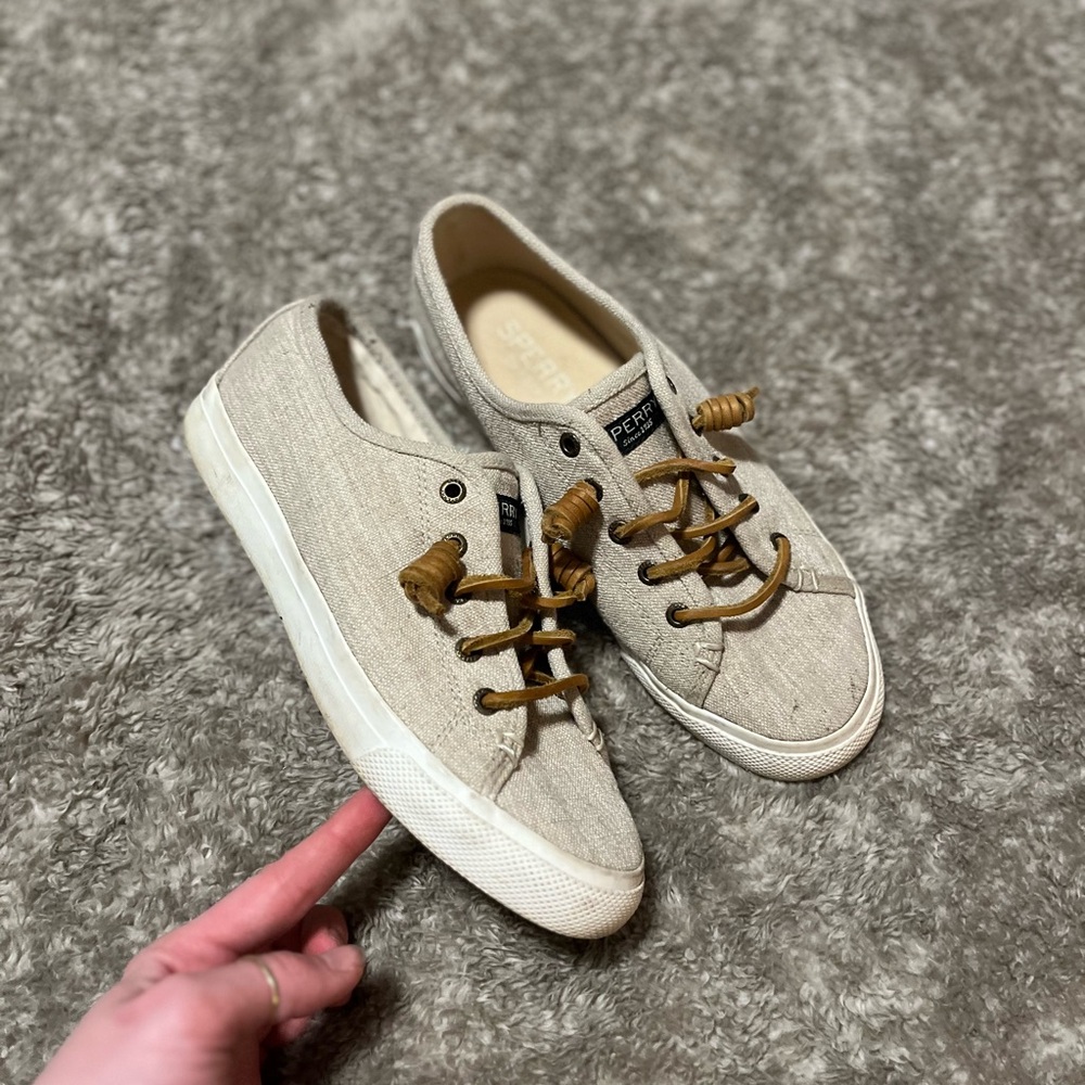 Sperry - cream & white canvas boat shoes with leather spiral laces